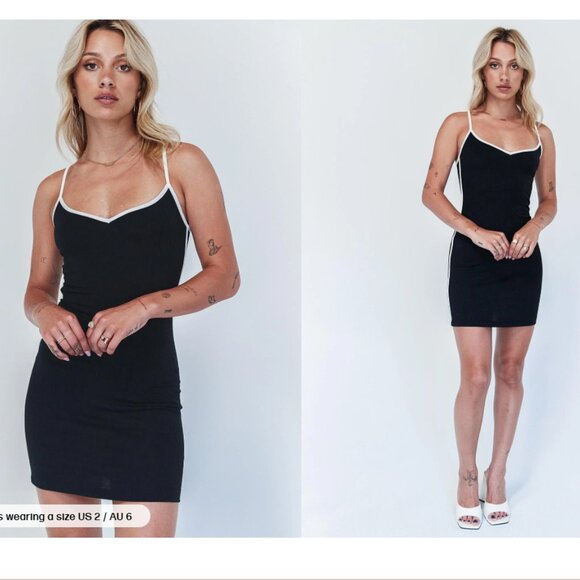 Princess Polly Black Mini Dress Bodycon White Piping Arabellae US 2  X-Small - Picture 2 of 11